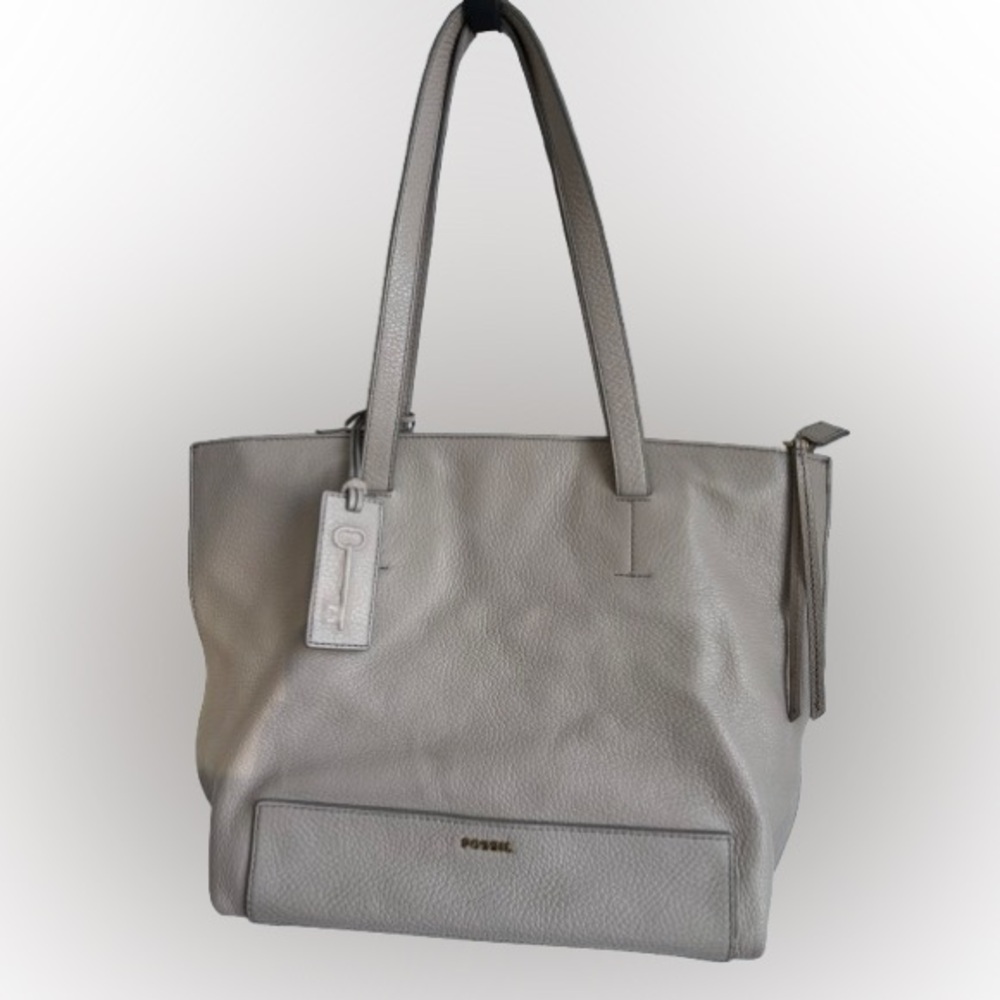 Fossil minimalist leather zipper tote purse - Light grey